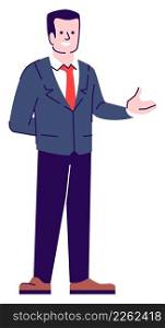 Friendly businessman pointing with open hand semi flat RGB color vector illustration. Standing figure. Man showing respectful behavior isolated cartoon character on white background. Friendly businessman pointing with open hand semi flat RGB color vector illustration