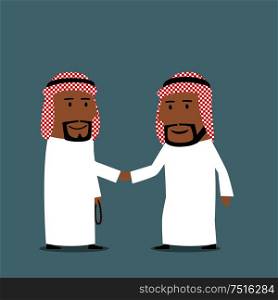 Friendly cartoon arab businessmen in national white garments shaking hands. Business concept of partnership, agreement, cooperation, closing deal or signing contract . Business handshake of arab businessmen