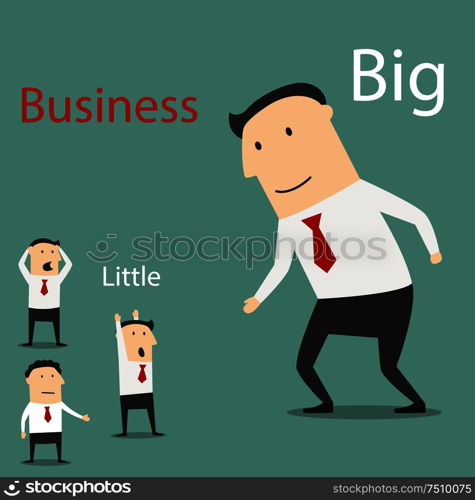 Friendly cartoon smiling big business giving hand for handshake to scared and confused small businessmen. Partnership and teamwork concept. Small and big business partnership