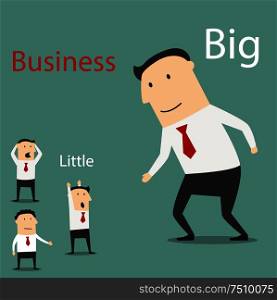 Friendly cartoon smiling big business giving hand for handshake to scared and confused small businessmen. Partnership and teamwork concept. Small and big business partnership