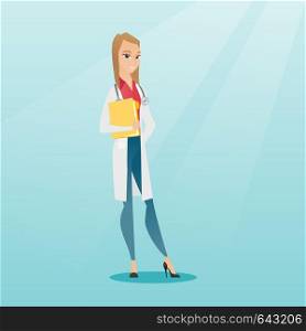Friendly caucasian doctor with a stethoscope and a file. Young smiling doctor in a medical gown carrying a folder with patient or medical information. Vector flat design illustration. Square layout.. Friendly doctor with a stethoscope and a file.