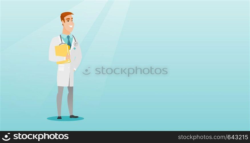 Friendly caucasian doctor with a stethoscope and a file. Young doctor in a medical gown carrying a folder with patient or medical information. Vector flat design illustration. Horizontal layout.. Friendly doctor with a stethoscope and a file.