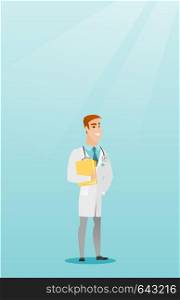 Friendly caucasian doctor with a stethoscope and a file. Young smiling doctor in a medical gown carrying a folder with patient or medical information. Vector flat design illustration. Vertical layout.. Friendly doctor with a stethoscope and a file.