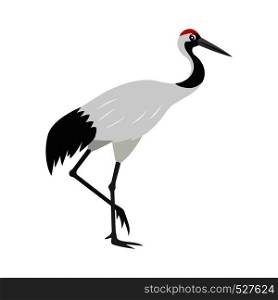 Friendly cute red-crowned or Japanese crane icon, colorful wild bird, vector illustration isolated on white background. Friendly cute red-crowned or Japanese crane icon, colorful wild bird