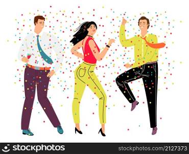 Friendly dance party. Cartoon happy characters celebrate in trendy business costumes, people dancing in confetti, concept of teamwork and rest. Friendly dance party
