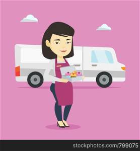 Friendly delivery courier holding a box of cakes. Asian baker delivering cakes. Young woman with cupcakes standing on the background of delivery truck. Vector flat design illustration. Square layout.. Delivery woman holding a box of cakes.