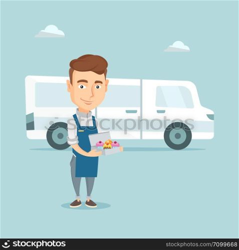 Friendly delivery man holding a box of cakes. Caucasian baker delivering cakes. Young man with cupcakes standing on the background of delivery truck. Vector flat design illustration. Square layout.. Baker delivering cakes vector illustration.