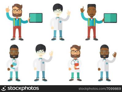 Friendly doctor in medical gown showing finger up. Young male doctor with finger up. Man in doctor uniform pointing finger up. Set of vector flat design illustrations isolated on white background.. Vector set of doctor characters and patients.