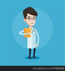 Friendly doctor with stethoscope and a file. Young doctor in medical gown carrying folder of patient or medical information. Vector flat design illustration isolated on blue background. Square layout.. Doctor with file in medical office.