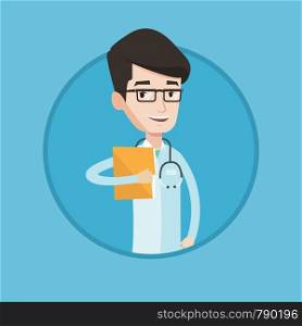 Friendly doctor with stethoscope and a file. Young doctor in medical gown carrying folder of patient or medical information. Vector flat design illustration in the circle isolated on background.. Doctor with file in medical office.