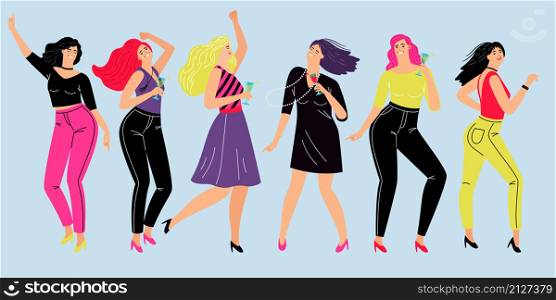 Friendly female party. Cartoon happy girls rest after teamwork, vector illustration lifestyle of girlfriends with dancing in trendy costumes and drinking wine. Friendly female party