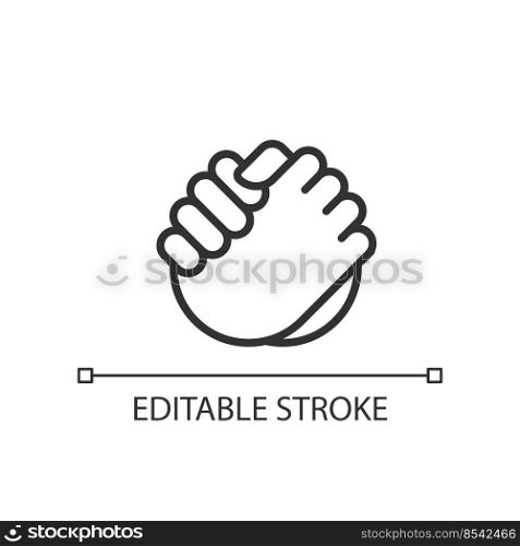 Friendly handshake pixel perfect linear icon. Joining hands. Buddies greeting gesture. Thin line illustration. Contour symbol. Vector outline drawing. Editable stroke. Arial font used. Friendly handshake pixel perfect linear icon