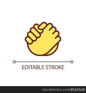 Friendly handshake pixel perfect RGB color icon. Joining hands. Buddies greeting gesture. Isolated vector illustration. Simple filled line drawing. Editable stroke. Arial font used. Friendly handshake pixel perfect RGB color icon