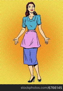 Friendly housewife beautiful woman retro style pop art. Friendly housewife beautiful woman retro style pop art. Young girl in casual clothes encounters. Wife or mother