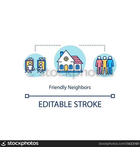 Friendly neighbors concept icon. Good relationship in suburbs. County living. Neighbourhood community idea thin line illustration. Vector isolated outline RGB color drawing. Editable stroke. Friendly neighbors concept icon