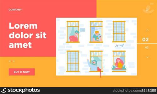 Friendly neighbors looking at windows. Friendship, neighbor, building flat vector illustration. Lifestyle and neighborhood concept for banner, website design or landing web page