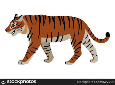 Friendly predatory animal, cute walking tiger icon, big wild cat, vector illustration isolated on white background. Friendly predatory animal, cute walking tiger icon