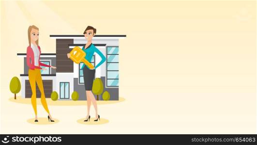 Friendly real estate agent giving key to a new owner of a house. Real estate agent passing house key to cheerful client. Happy woman buying a house. Vector flat design illustration. Horizontal layout.. Real estate agent giving key to a new house owner.