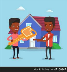 Friendly real estate agent giving key to a new owner of a house. Real estate agent passing house keys to cheerful client. Happy man buying a new house. Vector flat design illustration. Square layout.. Real estate agent giving key to new house owner.