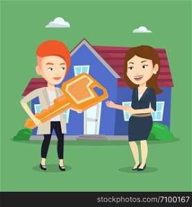 Friendly real estate agent giving key to a new owner of house. Caucasian real estate agent passing house keys to a new owner. Woman buying a new house. Vector flat design illustration. Square layout. Real estate agent giving key to new house owner.