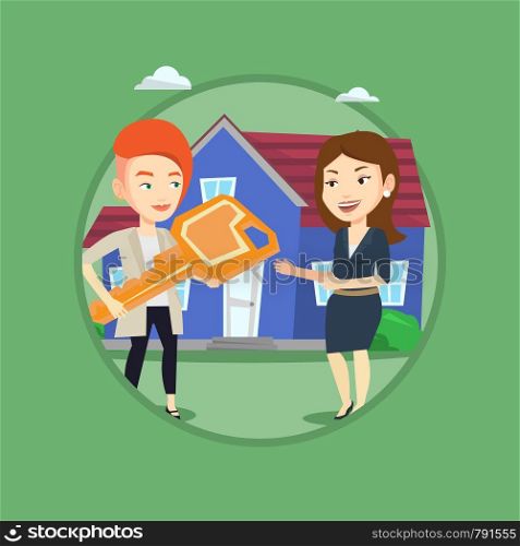Friendly real estate agent giving key to a new owner of house. Caucasian real estate agent passing house keys to a new owner. Vector flat design illustration in the circle isolated on background.. Real estate agent giving key to new house owner.