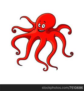 Friendly red ocean octopus cartoon character with long wavy tentacles and happy face. Marine adventure or underwater wildlife theme design. Cartoon red ocean octopus character