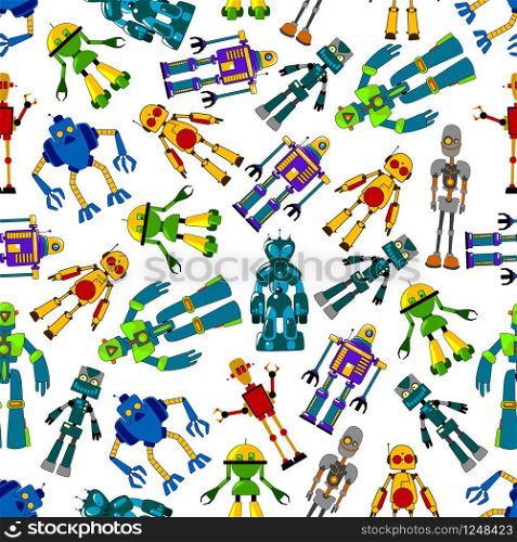 Friendly robots seamless pattern with colorful background of cartoon electromechanical humanoid and transformer robots characters. Childish room interior or textile design usage