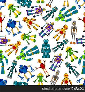 Friendly robots seamless pattern with colorful background of cartoon electromechanical humanoid and transformer robots characters. Childish room interior or textile design usage