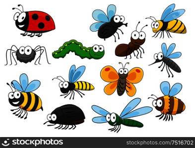 Friendly smiling cartoon bee and bug, butterfly and caterpillar, fly and ladybug, spider and mosquito, wasp and ant, bumblebee, dragonfly and hornet characters. Colorful funny insects for t-shirt print, mascot, childish book or nature themes design . Colorful cartoon smiling insects characters