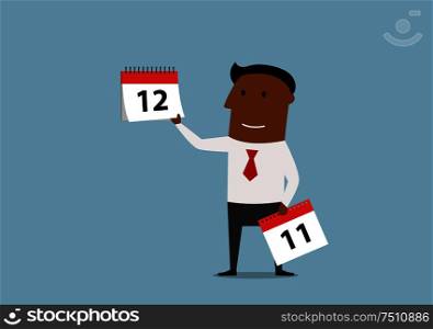 Friendly smiling cartoon businessman holding last page of wall calendar. Last month of the year or important date concept