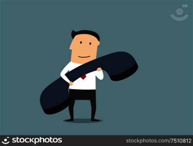 Friendly smiling cartoon businessman with large old blue handset. Great for contact or call us, customer support, call center design. Businessman with large blue handset