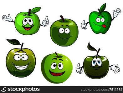 Friendly smiling healthy cartoon green apple fruits with fresh farm granny smith apples with leaves. Set of funny fruits characters for healthy food, vegetarian dessert, agriculture harvest design. Cartoon fresh green smith apple fruits
