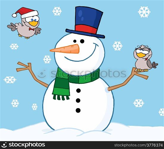 Friendly Snowman With A Cute Birds