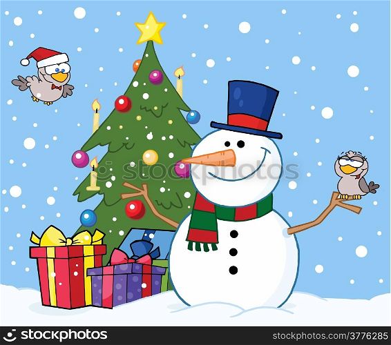 Friendly Snowman With A Cute Birds And Christmas Tree
