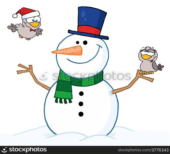 Friendly Snowman With A Two Cute Birds