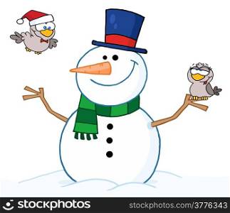 Friendly Snowman With A Two Cute Birds