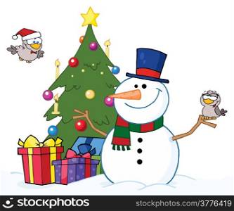 Friendly Snowman With A Two Cute Birds And Christmas Tree