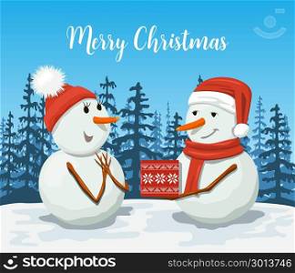 Friendly Snowmen in a santa hat. Snowwoman. Smiling Frosty with a gift box. Winter landscape with forest silhouette.. Friendly Snowmen in a santa hat. Smiling Frosty with a gift box. Snowwoman. Winter landscape with forest silhouette. Vector illustration. Sky, snow, drift, flurry, fir, snowflakes, scarf. For print