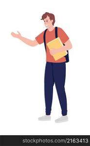 Friendly student semi flat color vector character. Posing figure. Full body person on white. Smiling schoolboy isolated modern cartoon style illustration for graphic design and animation. Friendly student semi flat color vector character