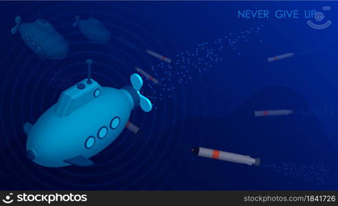 friendly submarines rescue an ally from torpedo attack. Navy forces, submarine fleet. Vector