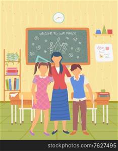 Friendly teacher hugging students vector, classroom with desk and supplies, blackboard with drawing. Education and getting knowledge in college flat style. Back to school concept. Flat cartoon. Welcome to School Teacher and Pupils in Classroom