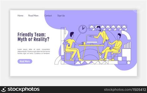 Friendly team landing page flat silhouette vector template. Office workers communication homepage layout. Employees cowork one page website interface with outline characters. Web banner, webpage