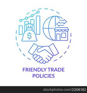 Friendly trade policies blue gradient concept icon. Startup support. Encouraging business activity abstract idea thin line illustration. Isolated outline drawing. Myriad Pro-Bold font used. Friendly trade policies blue gradient concept icon