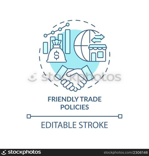 Friendly trade policies turquoise concept icon. Encouraging business activity abstract idea thin line illustration. Isolated outline drawing. Editable stroke. Arial, Myriad Pro-Bold fonts used. Friendly trade policies turquoise concept icon