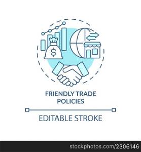 Friendly trade policies turquoise concept icon. Encouraging business activity abstract idea thin line illustration. Isolated outline drawing. Editable stroke. Arial, Myriad Pro-Bold fonts used. Friendly trade policies turquoise concept icon