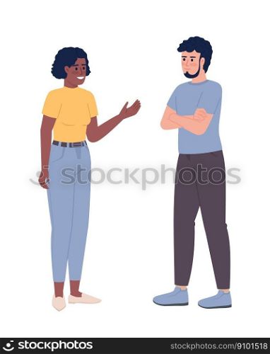 Friendly woman talking to crossed arms man semi flat color vector characters. Editable figures. Full body people on white. Simple cartoon style spot illustration for web graphic design and animation. Friendly woman talking to crossed arms man semi flat color vector characters