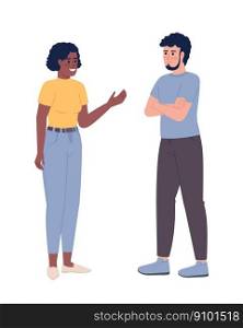Friendly woman talking to crossed arms man semi flat color vector characters. Editable figures. Full body people on white. Simple cartoon style spot illustration for web graphic design and animation. Friendly woman talking to crossed arms man semi flat color vector characters
