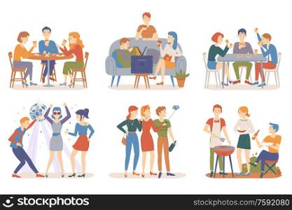 Friends activities vector, people sitting in bar, playing card games and watching tv at home, taking selfie and partying in club, barbeque weekend. Friends Spending Time Together Partying People
