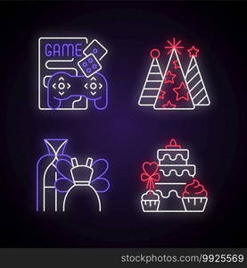 Friends and family gathering party neon light icons set. Game night with videogames, boardgames. Birthday hat cones. Signs with outer glowing effect. Vector isolated RGB color illustrations. Friends and family gathering party neon light icons set