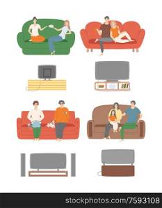 Friends and family spending time at home vector, mother and father with kid, couple and girlfriends sitting on sofa and eating popcorn watching tv. Home Relaxation People Watching Television Evening